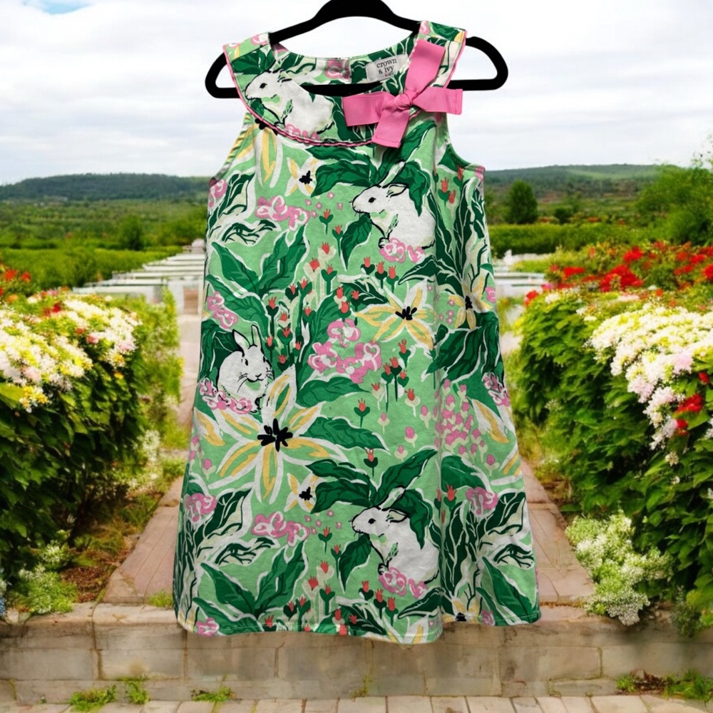 Crown & Ivy Green Floral bunny Kids Dress with Pink Bow size 4